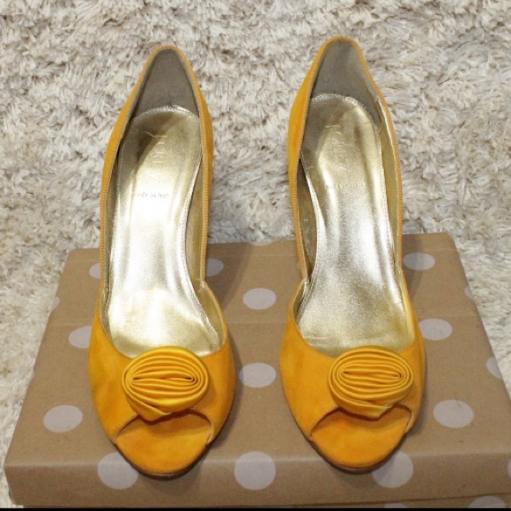 J. Crew Fleur Suede Peep Toe Yellow Heels